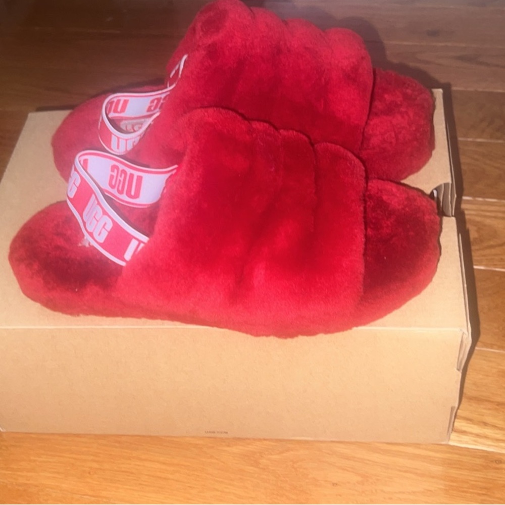 UGG Vibrant Red Fluffy Slides
